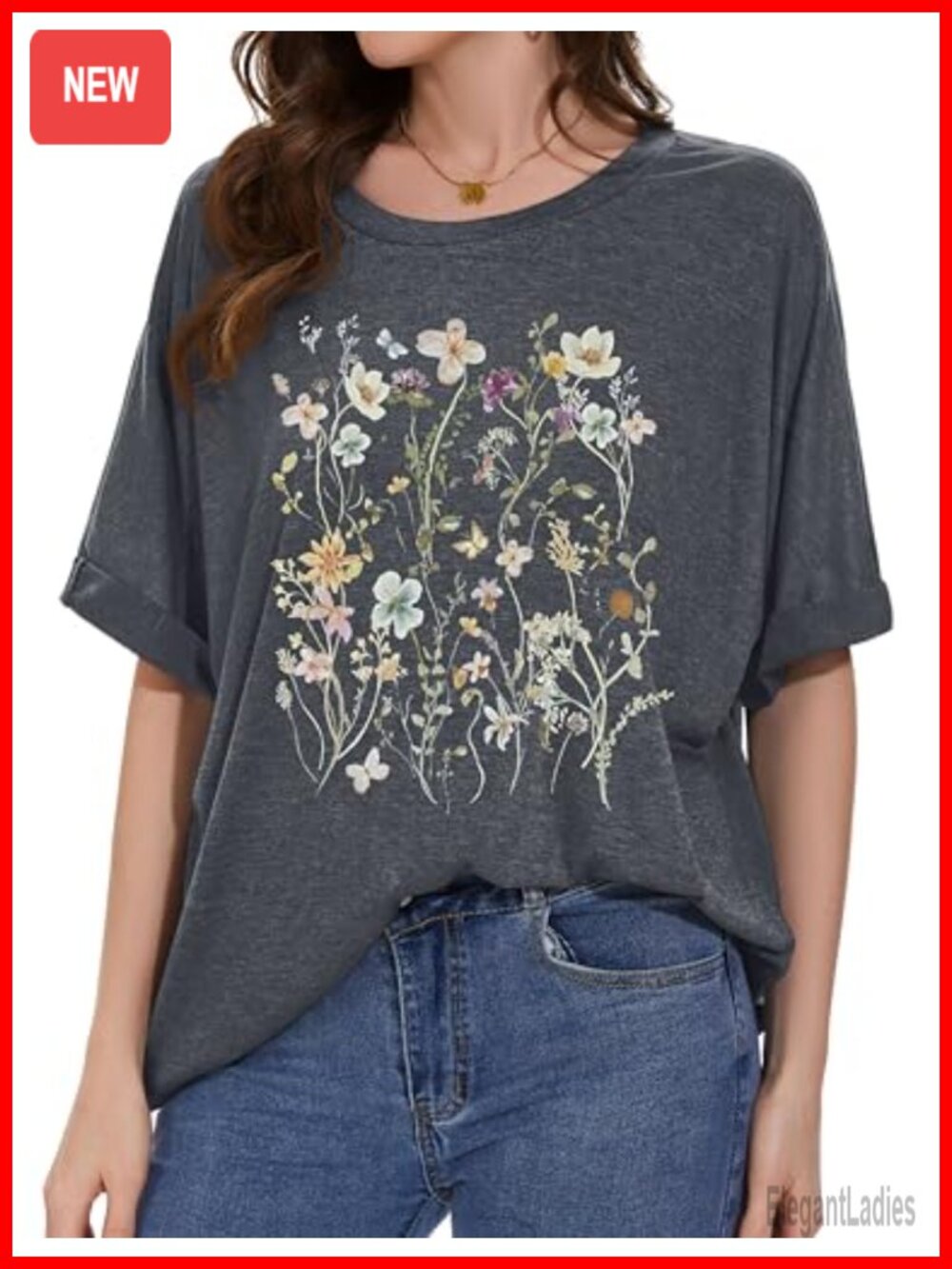 Oversized Floral Graphic Short Sleeve Tunic Tee Loose Fit Summer Top